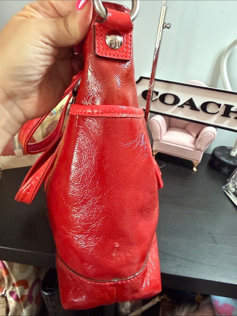 Coach Poppy Y2K Red Patent Leather Shoulder Bag with Front Pocket - Picture 7 of 17